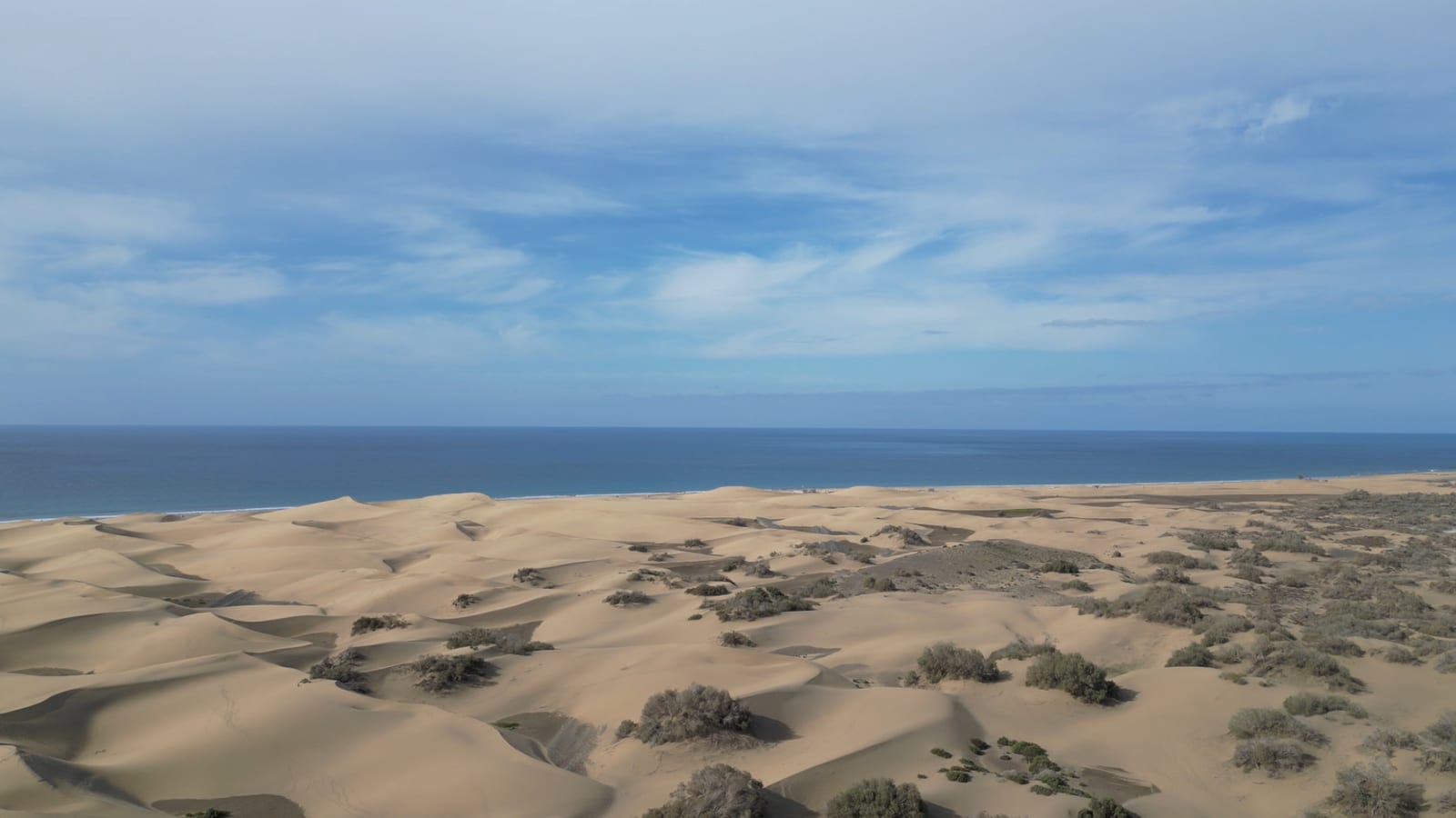 Piesočné duny Maspalomas s kríkmi a Atlantickým oceánom pod oblačnou oblohou na juhu Gran Canarie.