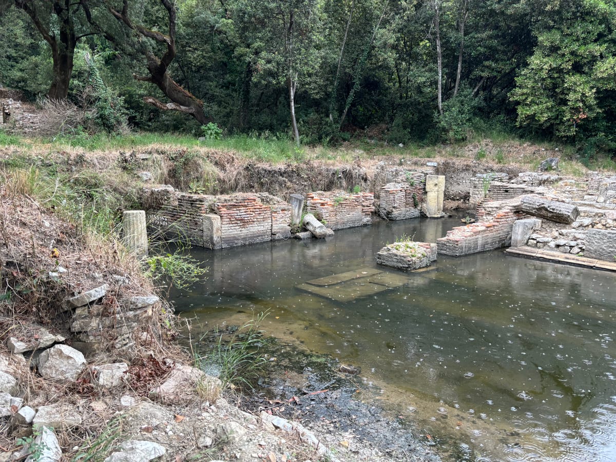 Kamenné ruiny so zatopenou nádržou medzi stromami v archeologickom parku Butrint v Albánsku