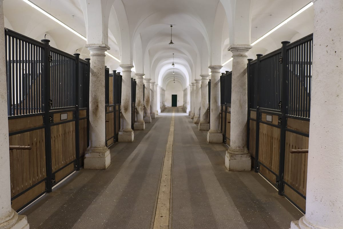 Klenbová chodba barokových stajní s boxami pre kone na statku Schloss Hof
