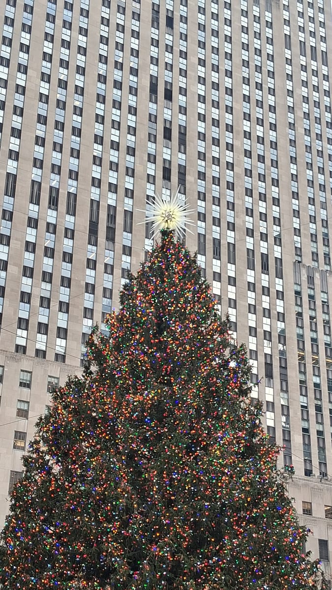Vianočný stromček s hviezdou pred mrakodrapom 30 Rockefeller Plaza cez deň
