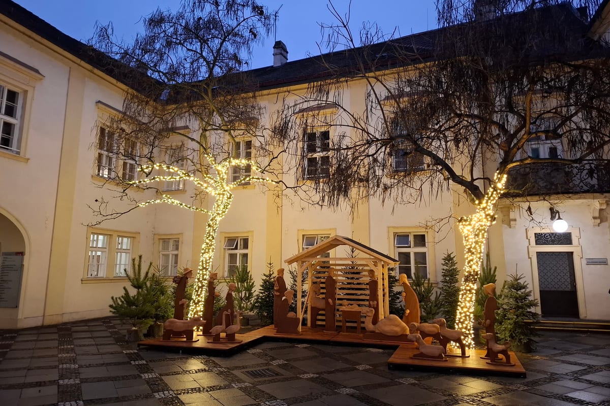 Vyrezávaný betlehem a stromy so svetielkami na nádvorí radnice na Dominikánskej 2 v Brne