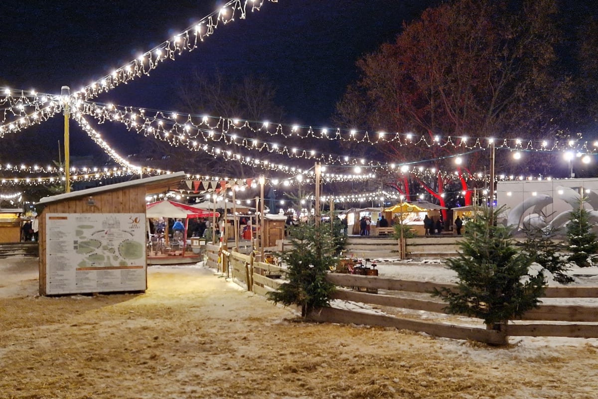 Svetelné girlandy a stromčeky nad trhom Art Advent na Karlsplatzi večer